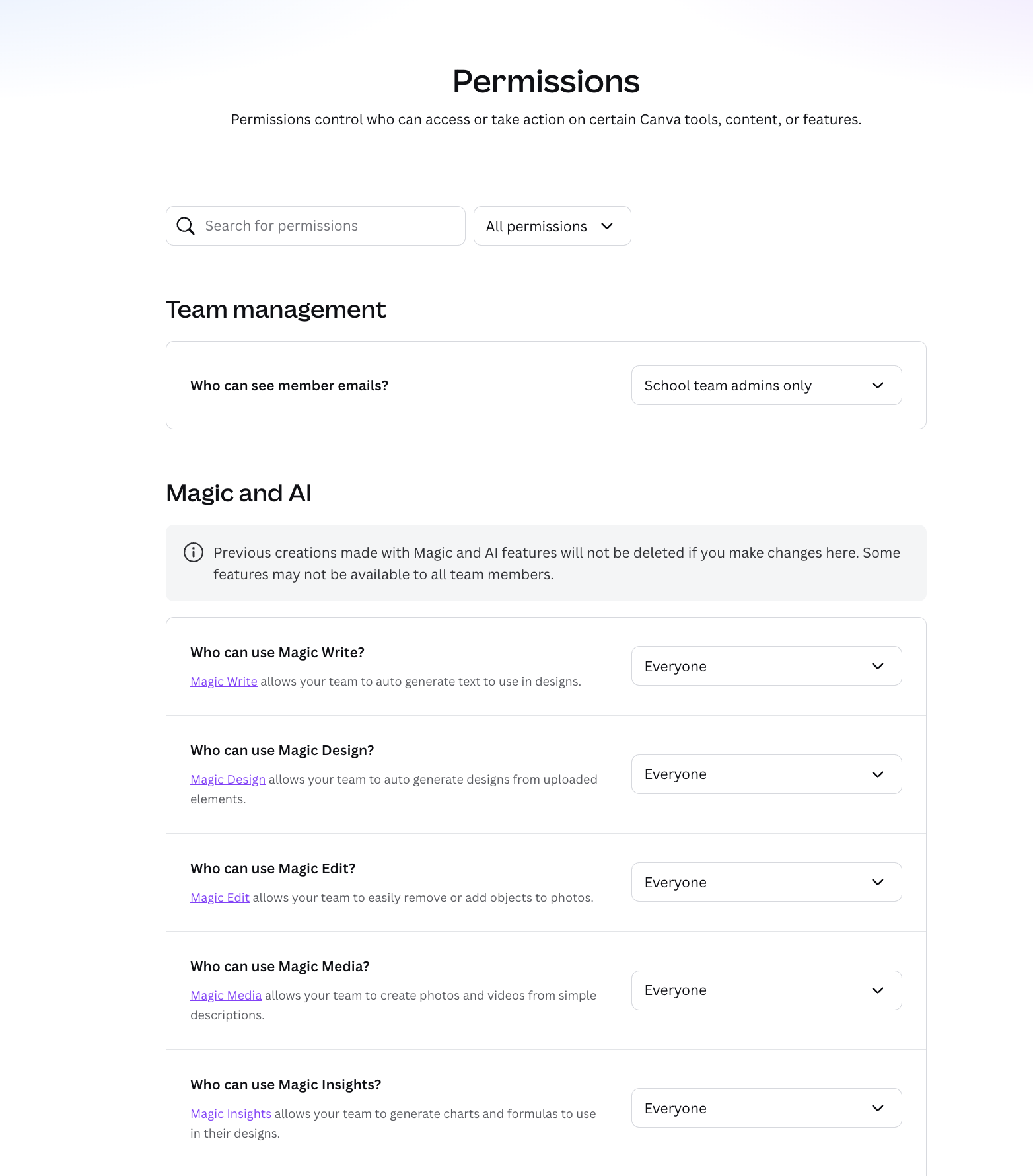 Náhled obrazovky Permissions v Canvě — sekce Magic and AI